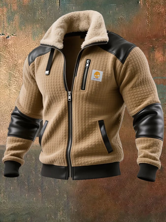Herren-Outdoorjacke mit Retro-Struktur und quadratischem Karomuster, warm und mit mehreren Taschen