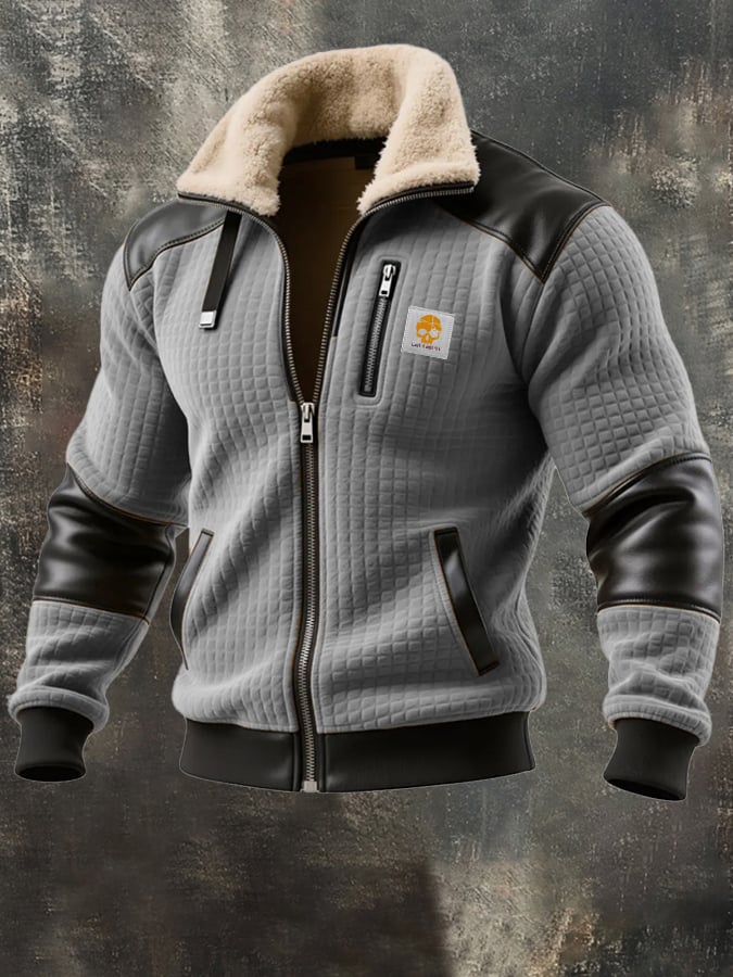 Herren-Outdoorjacke mit Retro-Struktur und quadratischem Karomuster, warm und mit mehreren Taschen