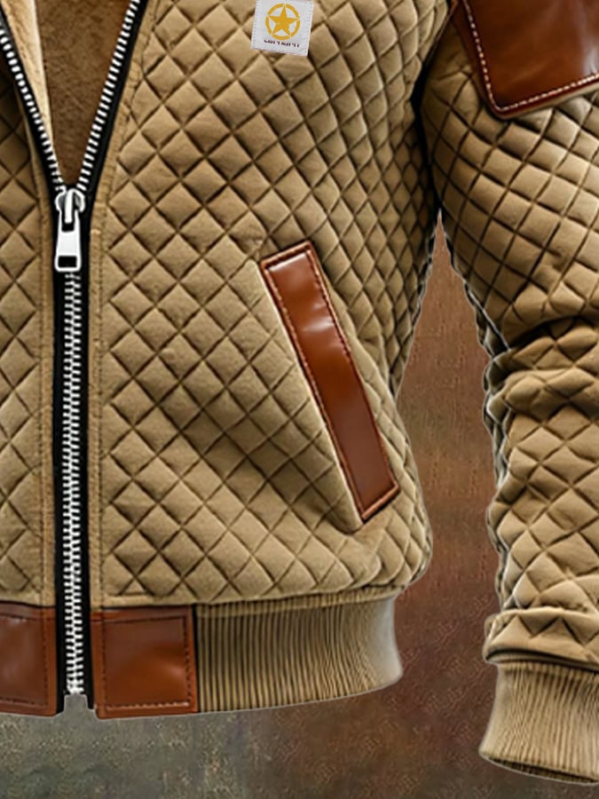 Herren-Outdoorjacke aus Leder im Vintage-Diamant-Karomuster