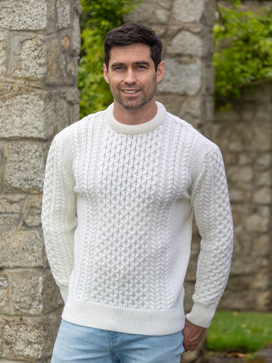 Rodrigo - Pull homme Old Money en maille torsadée Crewneck – Bleu / Blanc en laine mérinos