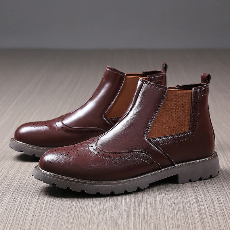 Bottines Chelsea pour Hommes – Cuir PU Marron – Brogue à Profilé avec Semelle Structurée