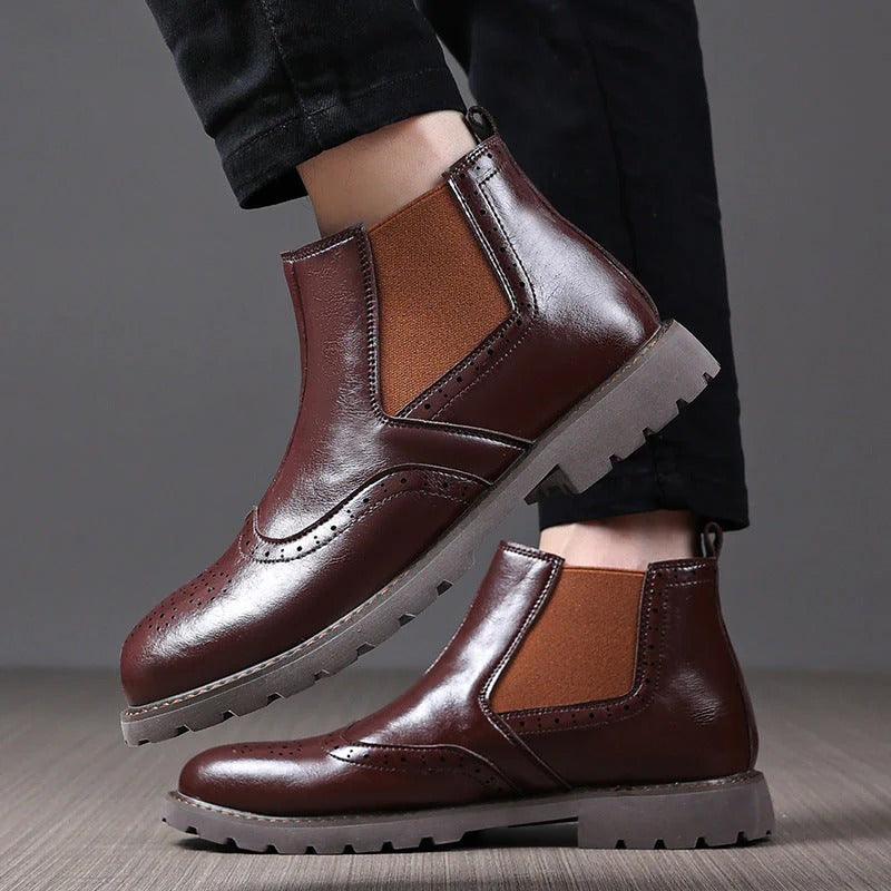 Bottines Chelsea pour Hommes – Cuir PU Marron – Brogue à Profilé avec Semelle Structurée