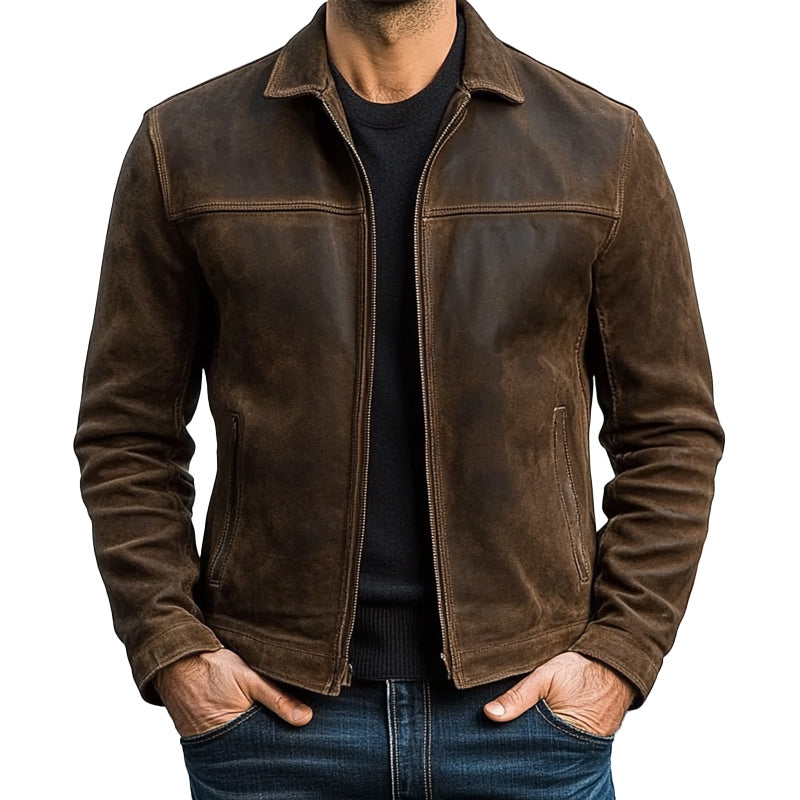 Veste en cuir pour hommes – Veste classique slim fit avec fermeture éclair, noire, vert armée ou brune
