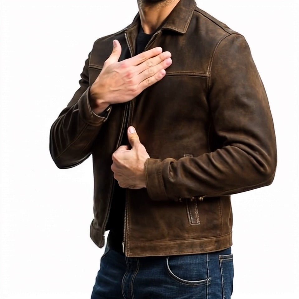 Veste en cuir pour hommes – Veste classique slim fit avec fermeture éclair, noire, vert armée ou brune