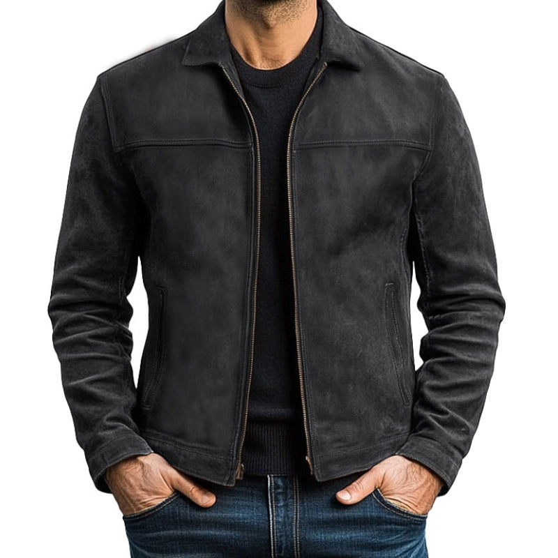 Veste en cuir pour hommes – Veste classique slim fit avec fermeture éclair, noire, vert armée ou brune