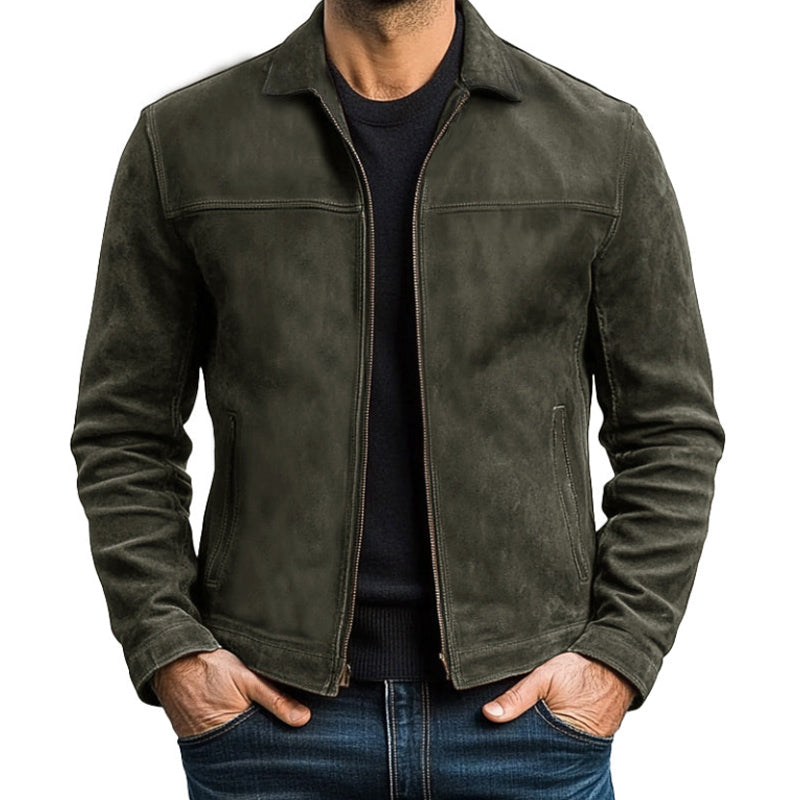 Veste en cuir pour hommes – Veste classique slim fit avec fermeture éclair, noire, vert armée ou brune