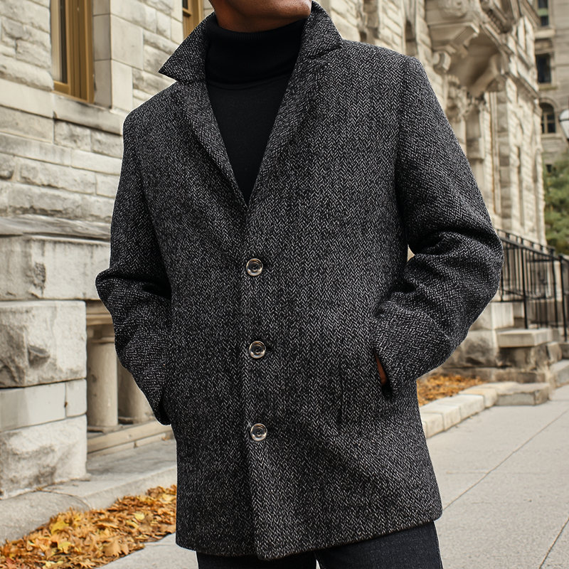 Homme Veste Retro Casual Street en Herringbone avec Revers - Noire