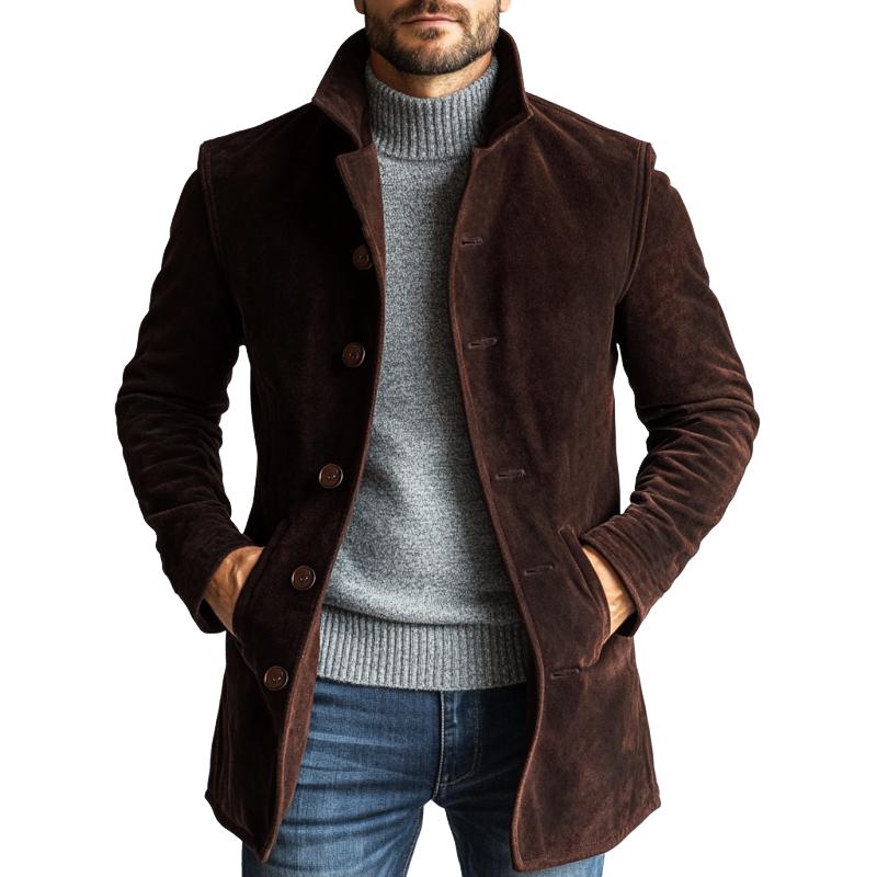 Manteau en suède marron pour homme – Manteau mi-long à simple boutonnage, coupe slim pour l’hiver dans le style Old Money