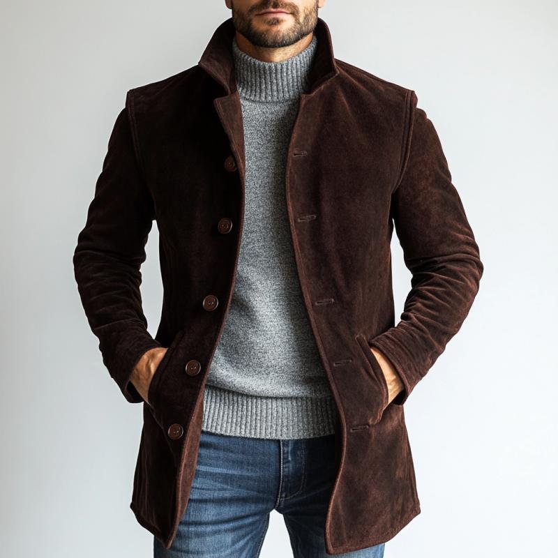 Manteau en suède marron pour homme – Manteau mi-long à simple boutonnage, coupe slim pour l’hiver dans le style Old Money