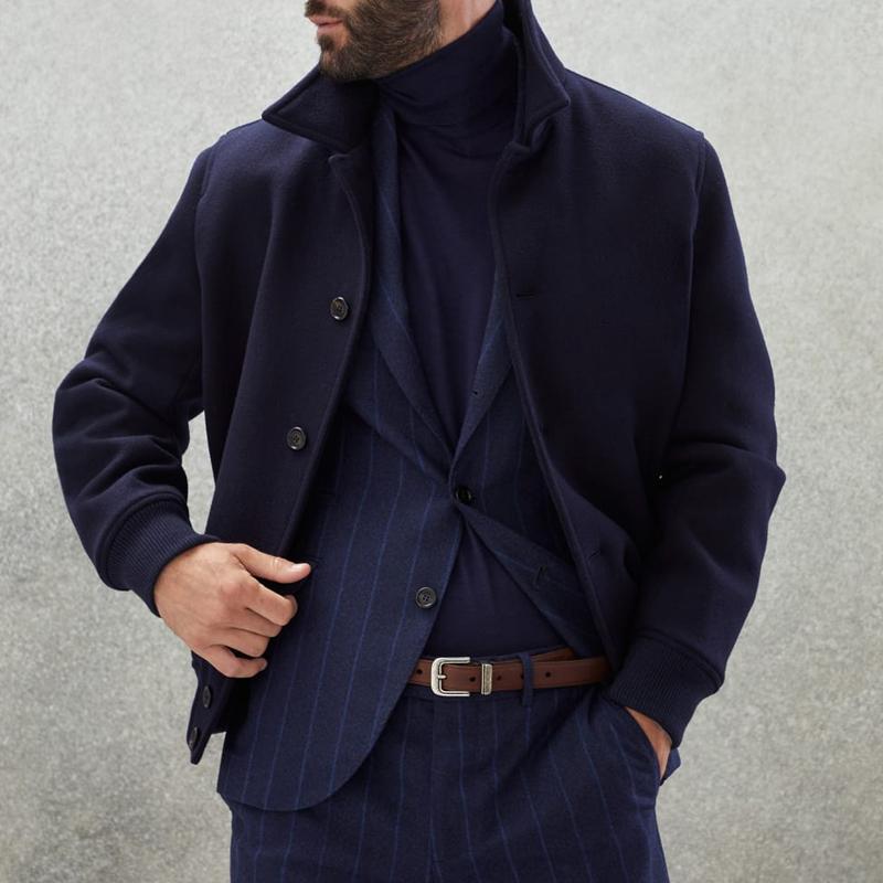 Veste bomber bleu foncé pour homme – Manteau en mélange de laine de luxe dans le style Quiet Luxury Mode hivernale 2025