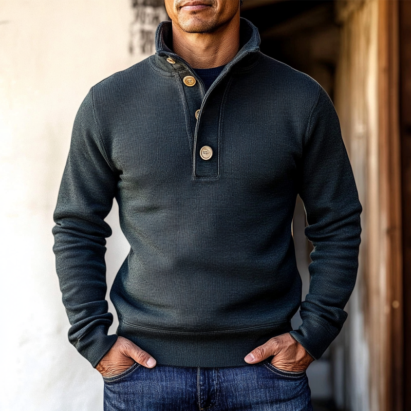 Sweat-shirt pour hommes à col montant – Pull de luxe avec fermeture à boutons