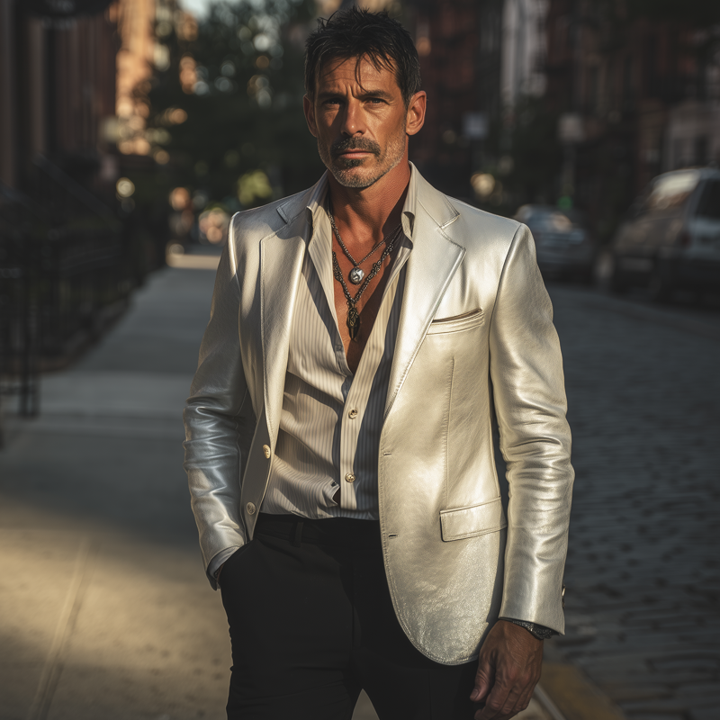 Homme Blazer en Cuir PU Argenté – Veste Vintage avec Revers
