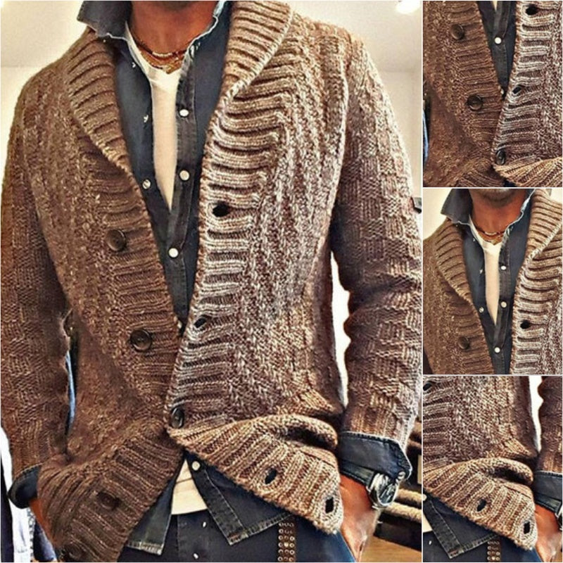 Cardigan vintage tricoté pour hommes – Gilet en laine chaud avec col à revers marron
