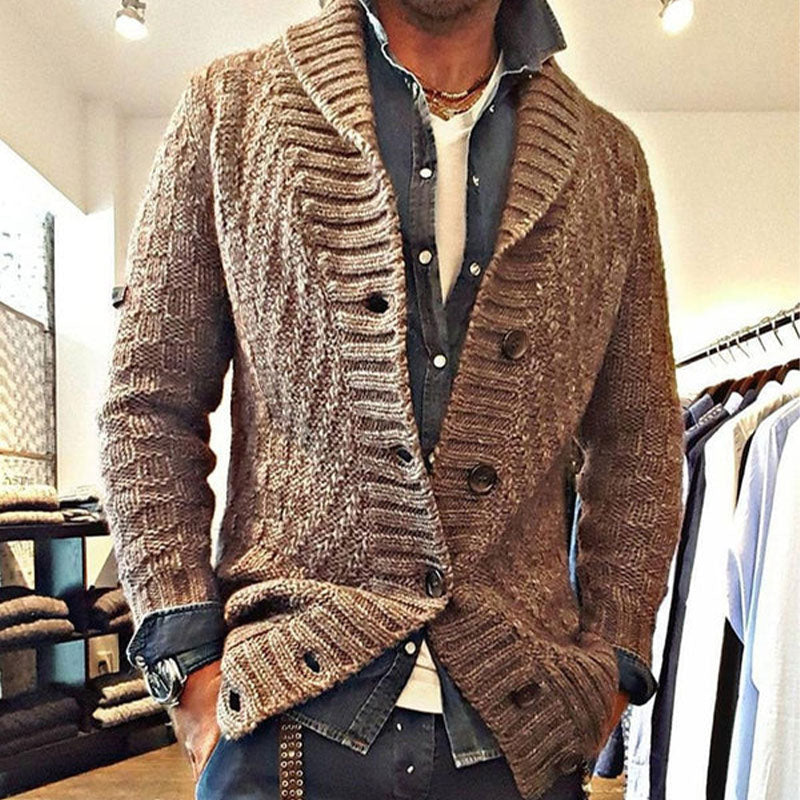 Cardigan vintage tricoté pour hommes – Gilet en laine chaud avec col à revers marron