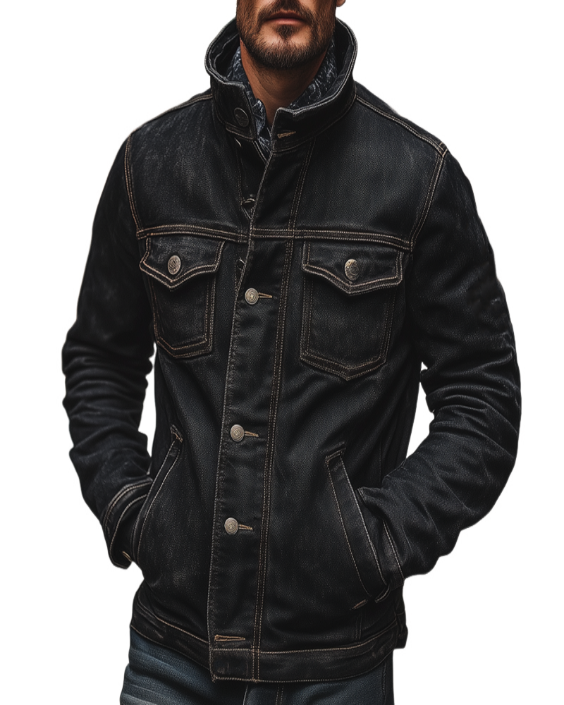 Veste en jean vintage lavée à poches multiples pour hommes