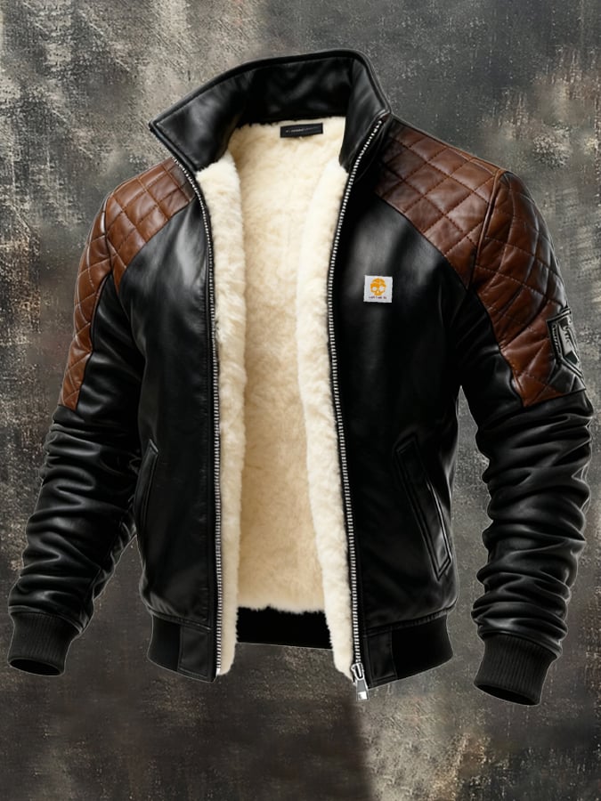 Herren-Retro-Lederjacke mit Patchwork-Design, gesteppt, plüschgefüttert, mit vielen Taschen