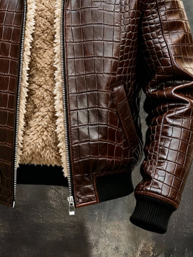 Herren Vintage Plüsch Warm Krokodil Strukturierte Outdoor Jacke Ledermantel