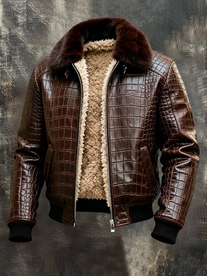 Herren Vintage Plüsch Warm Krokodil Strukturierte Outdoor Jacke Ledermantel
