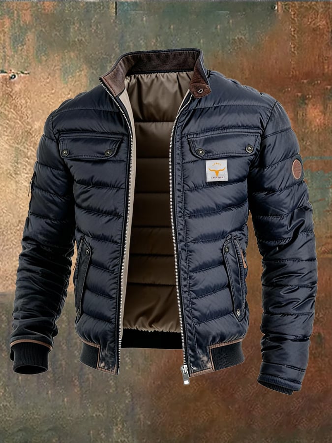 Herren Retro Leder Stepp-Patchwork Warme Reißverschluss Outdoorjacke