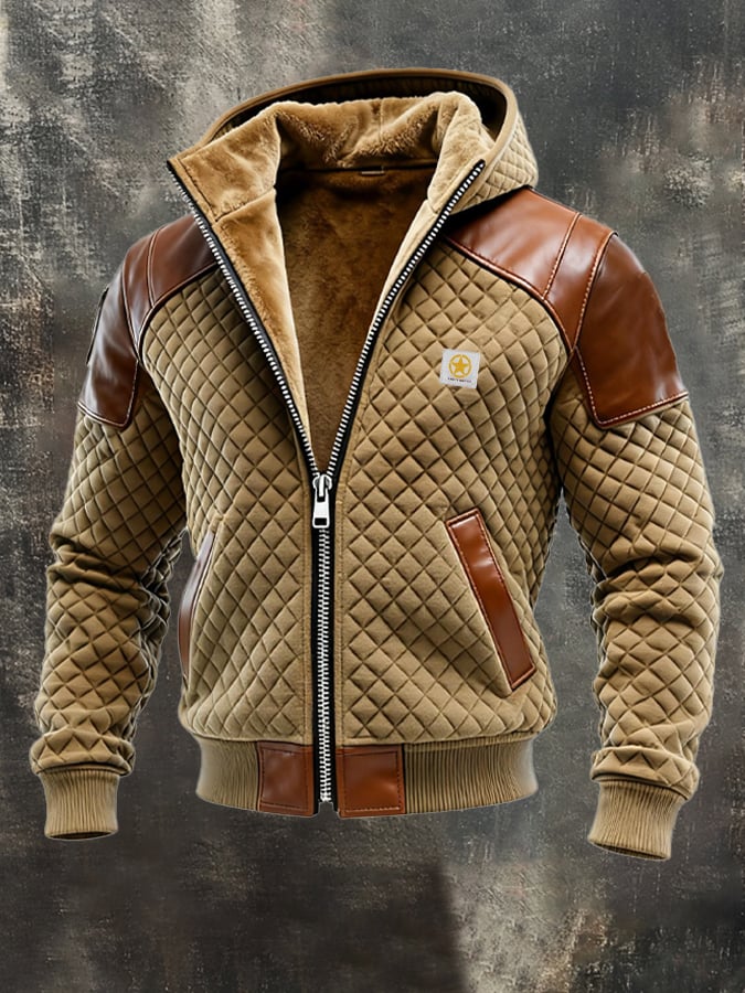 Herren-Outdoorjacke aus Leder im Vintage-Diamant-Karomuster