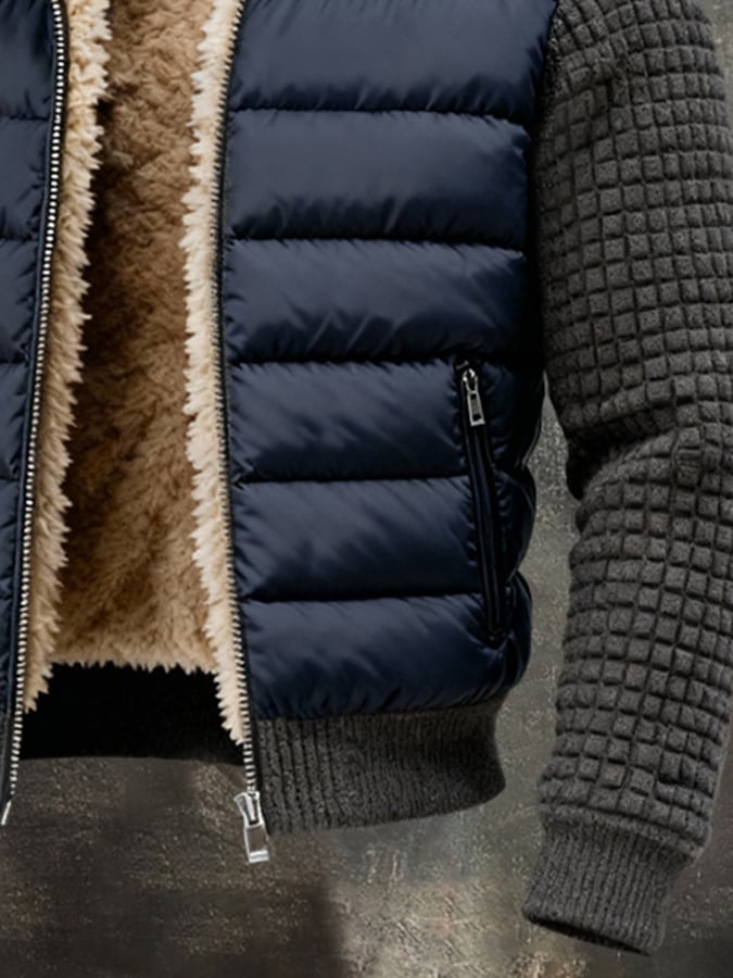 Herren Retro Warme Patchwork Waffel Outdoor Jacke Baumwollmantel