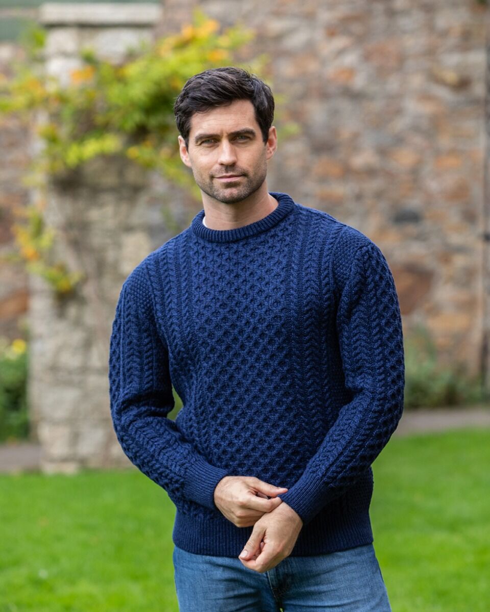 Rodrigo - Pull homme Old Money en maille torsadée Crewneck – Bleu / Blanc en laine mérinos