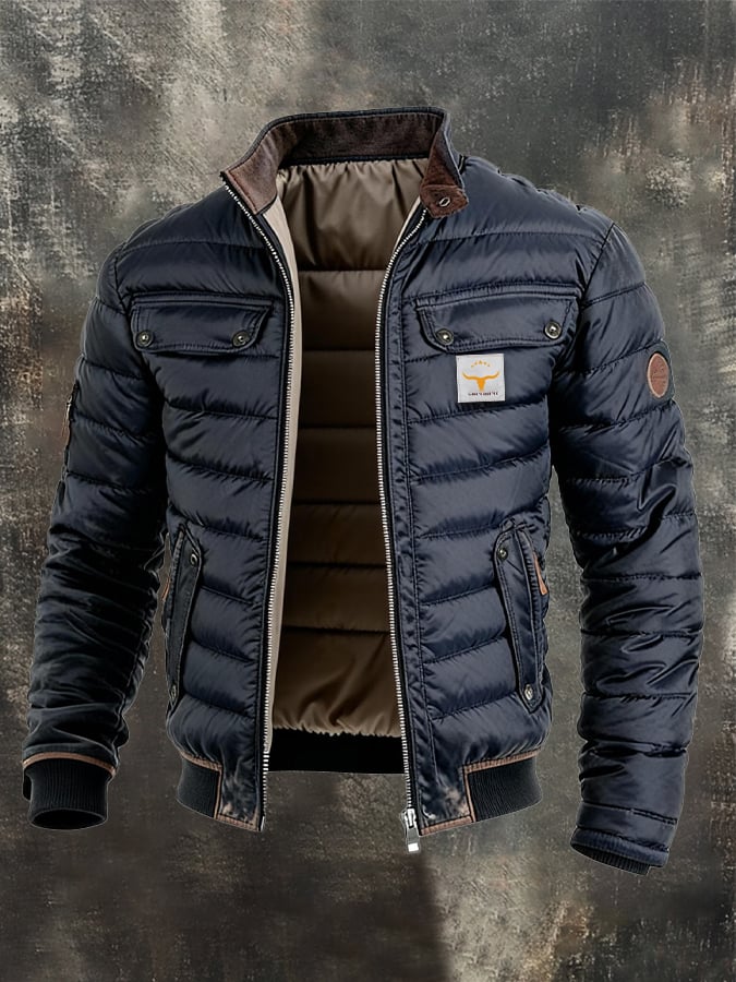 Herren Retro Leder Stepp-Patchwork Warme Reißverschluss Outdoorjacke