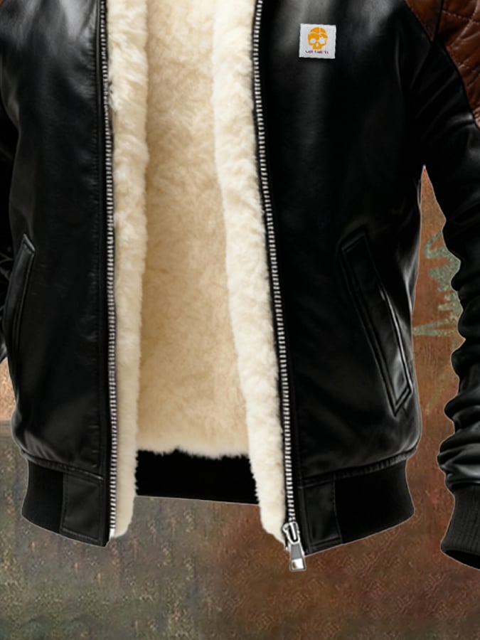 Herren-Retro-Lederjacke mit Patchwork-Design, gesteppt, plüschgefüttert, mit vielen Taschen