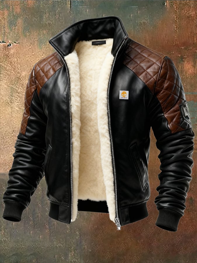Herren-Retro-Lederjacke mit Patchwork-Design, gesteppt, plüschgefüttert, mit vielen Taschen