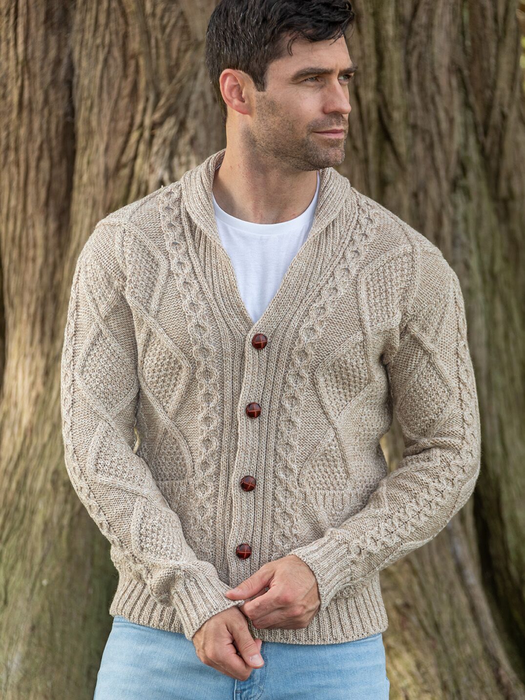 Carlos - Pull en V en maille torsadée pour homme - Beige