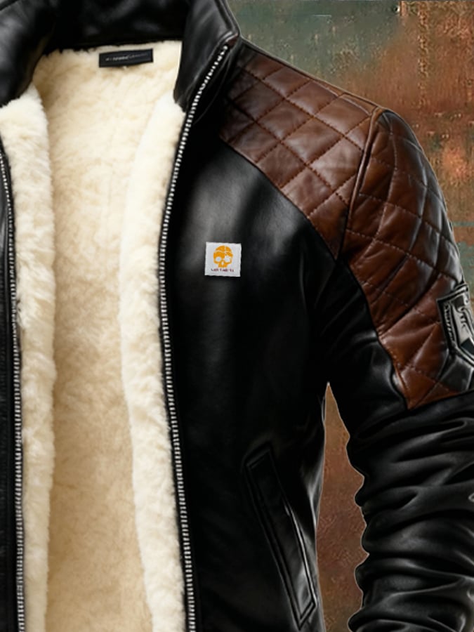 Herren-Retro-Lederjacke mit Patchwork-Design, gesteppt, plüschgefüttert, mit vielen Taschen