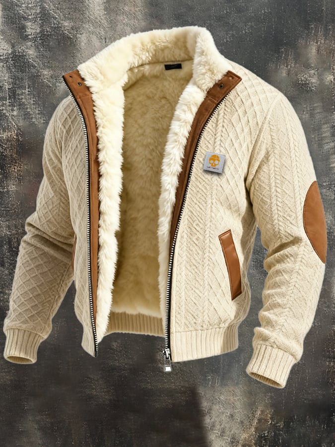 Herren-Outdoorjacke mit Retro-Textur und Jacquard-Strick, warm, mit mehreren Taschen