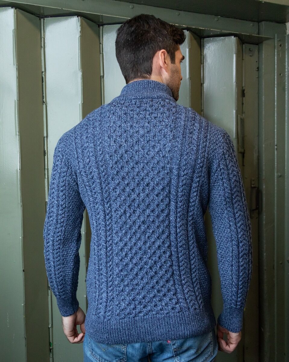 Eduardo - Pull homme à demi-fermeture éclair Old Money en maille torsadée - Bleu / Vert / Beige