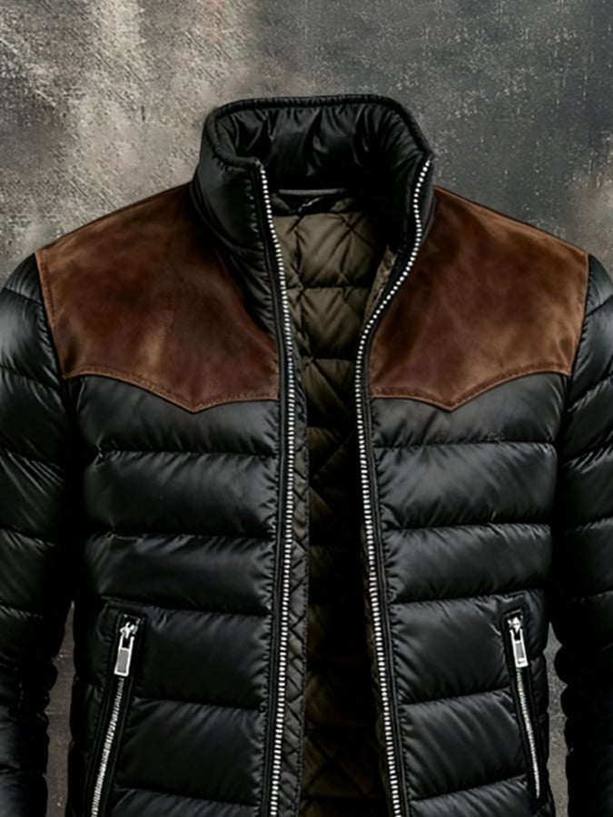 Herren-Retro-Outdoorjacke aus warmem Wildleder-Patchwork mit Baumwollwattierung