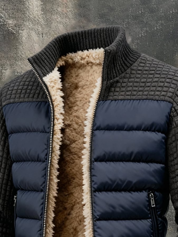 Herren Retro Warme Patchwork Waffel Outdoor Jacke Baumwollmantel