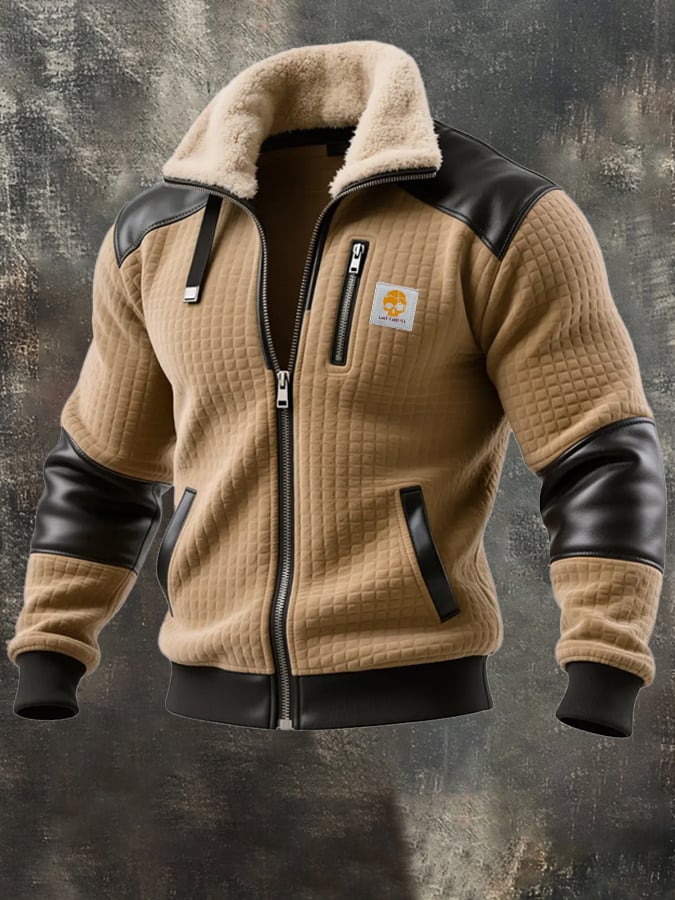 Herren-Outdoorjacke mit Retro-Struktur und quadratischem Karomuster, warm und mit mehreren Taschen
