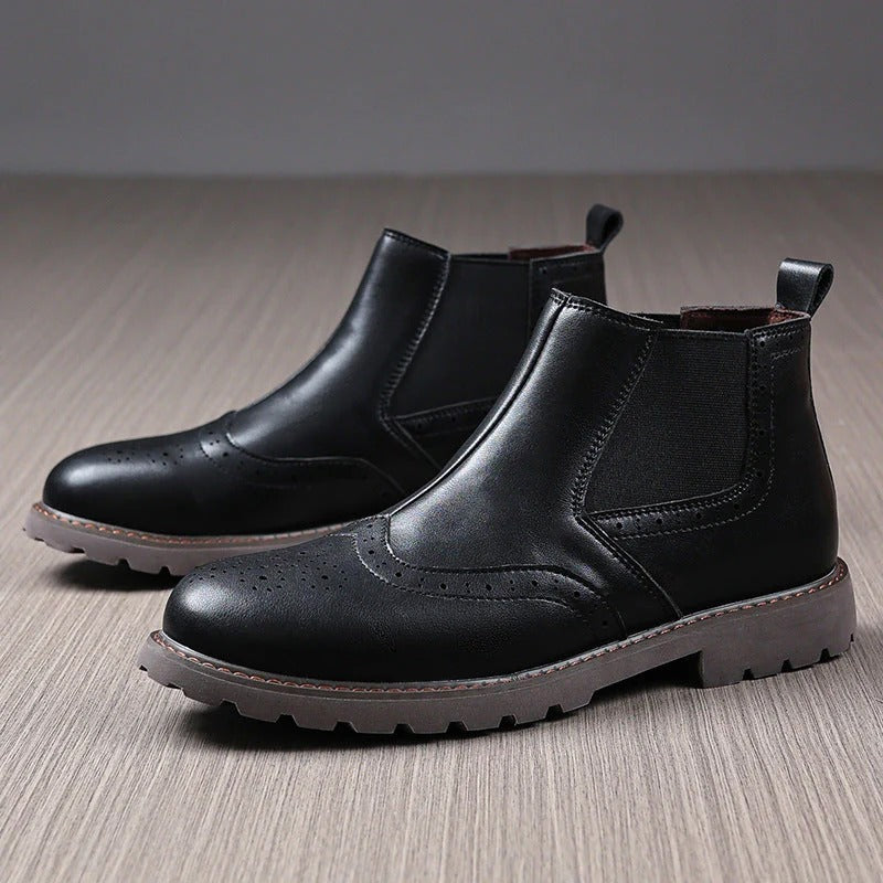 Bottines Chelsea pour Hommes – Cuir PU Marron – Brogue à Profilé avec Semelle Structurée