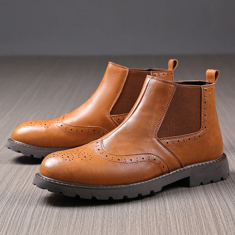 Bottines Chelsea pour Hommes – Cuir PU Marron – Brogue à Profilé avec Semelle Structurée