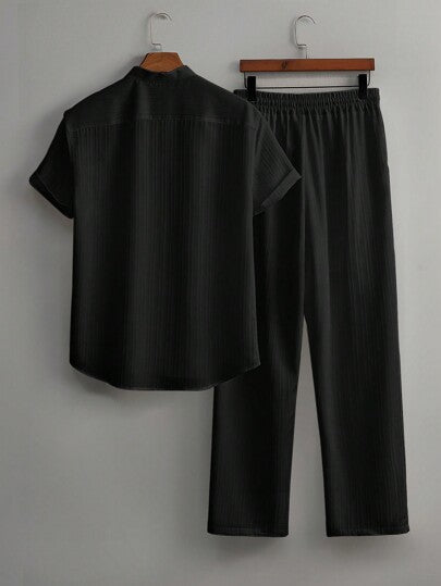 Casual Twee-delige Outfit voor Mannen – Katoenen Shirt met Korte Mouwen en Losse Rechte Broek 4