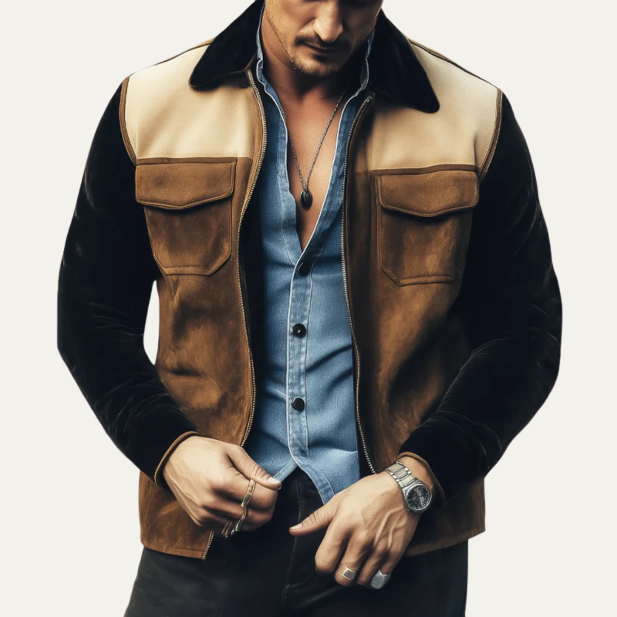 Veste en Suède pour Homme – Design Colourblock en Marron & Beige – Veste en Cuir Stylée