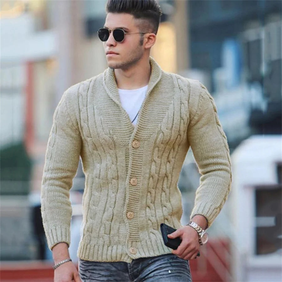 Augusto - Gilet pour homme à col châle en tricot avec boutons – Noir