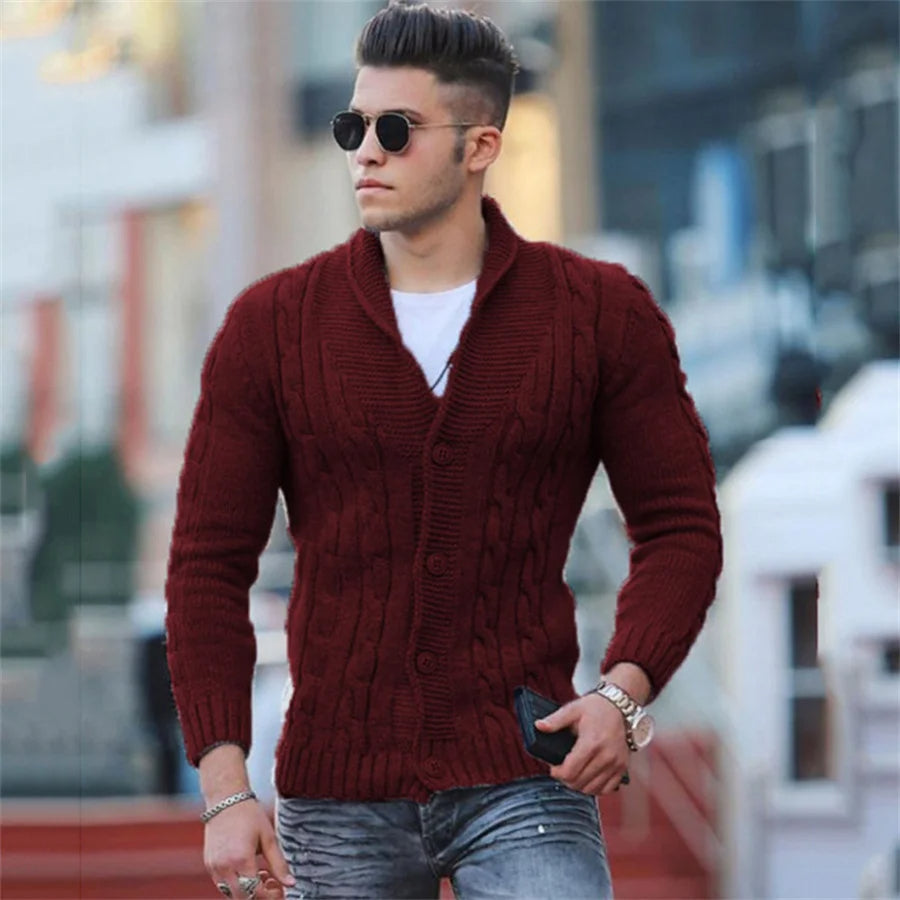 Augusto - Gilet pour homme à col châle en tricot avec boutons – Noir
