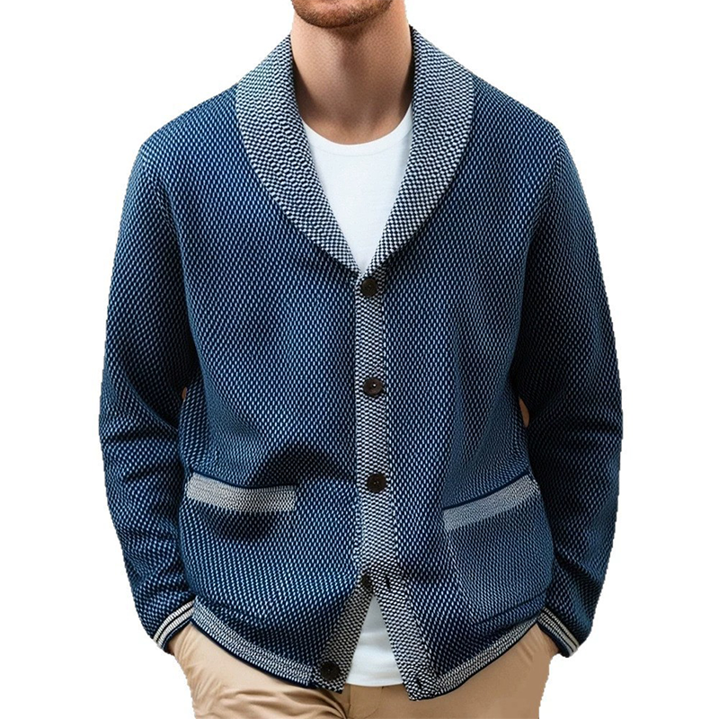 Old Money – Veste en tricot casual pour hommes bleu avec revers contrastés et boutons élégants