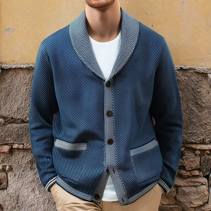 Old Money – Veste en tricot casual pour hommes bleu avec revers contrastés et boutons élégants