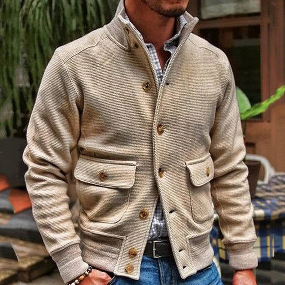 Veste d'hiver pour hommes avec col montant et poches à rabat – Couleur unie en polyester pour confort et style