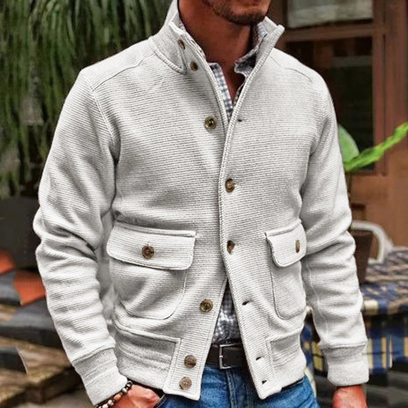 Veste d'hiver pour hommes avec col montant et poches à rabat – Couleur unie en polyester pour confort et style