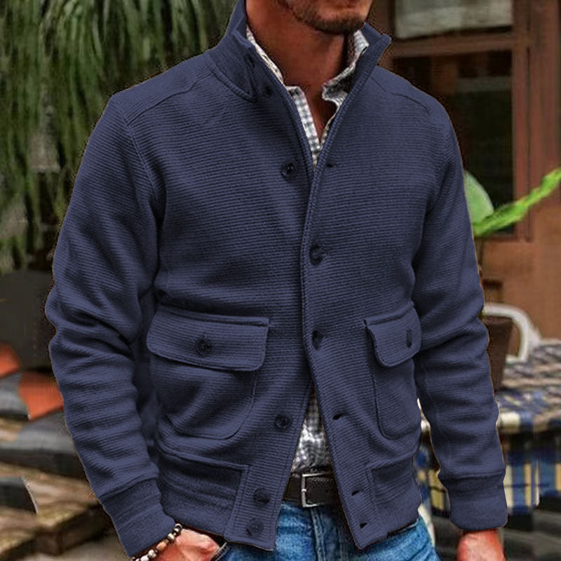 Veste d'hiver pour hommes avec col montant et poches à rabat – Couleur unie en polyester pour confort et style