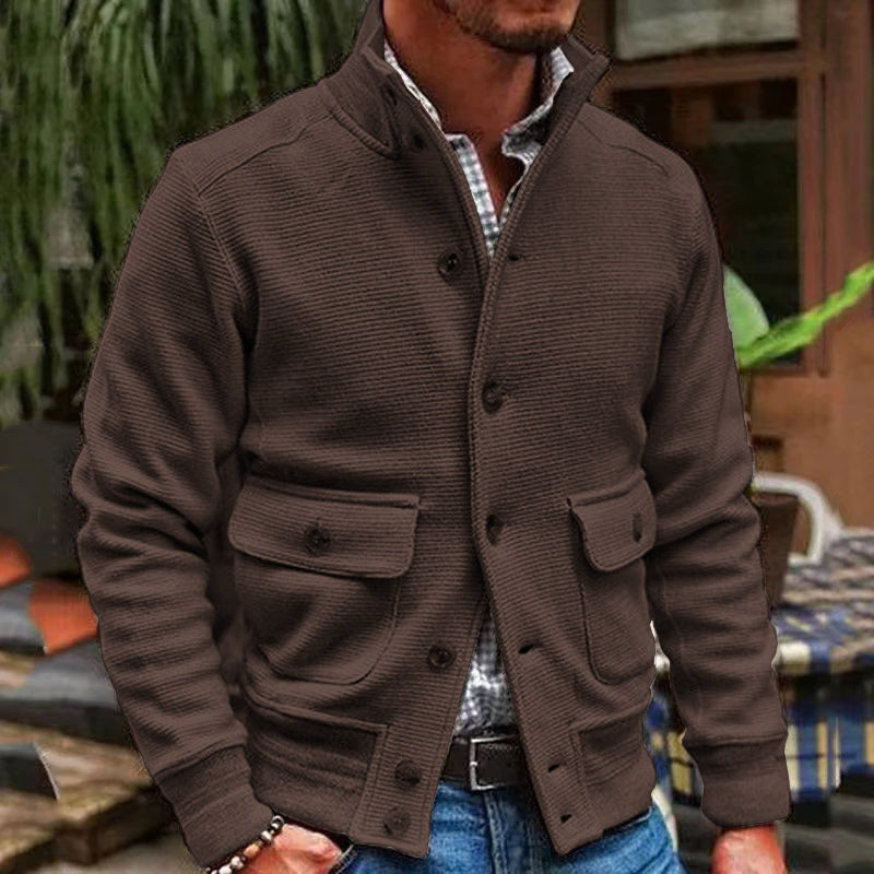 Veste d'hiver pour hommes avec col montant et poches à rabat – Couleur unie en polyester pour confort et style