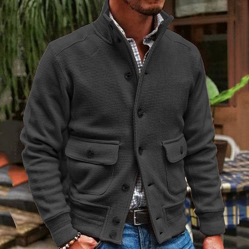 Veste d'hiver pour hommes avec col montant et poches à rabat – Couleur unie en polyester pour confort et style