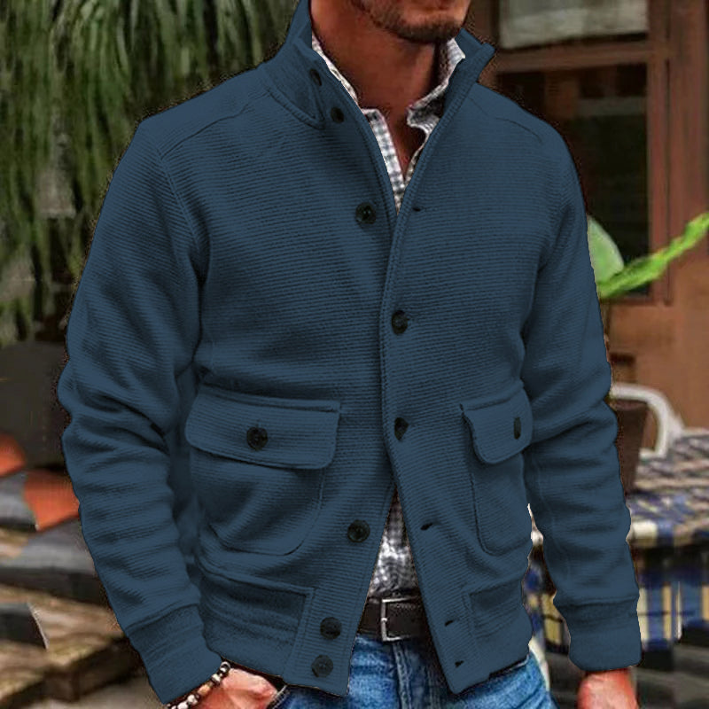 Veste d'hiver pour hommes avec col montant et poches à rabat – Couleur unie en polyester pour confort et style